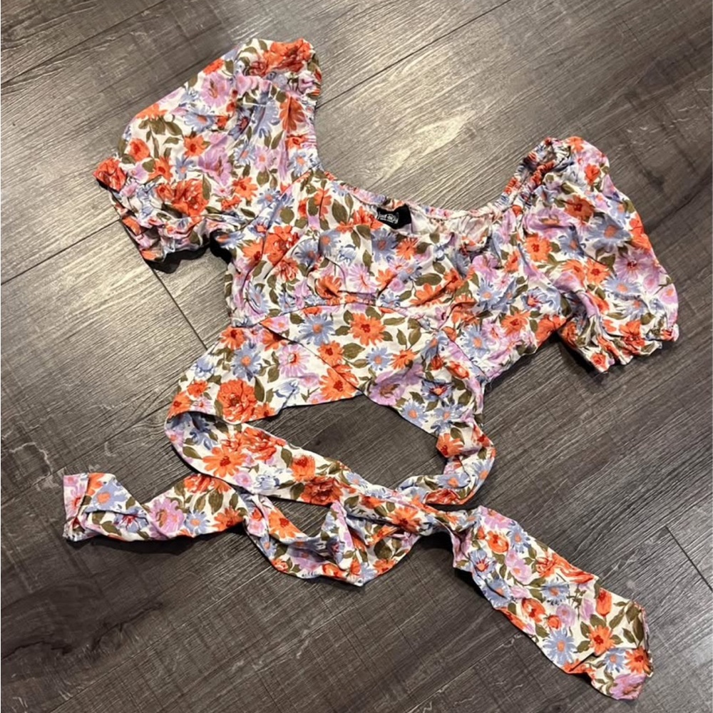 Floral Puff Sleeve Blouse - Orange and Purple